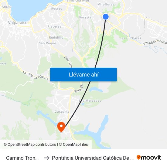 Camino Troncal - Uno Norte to Pontificia Universidad Católica De Valparaíso - Campus Curauma map