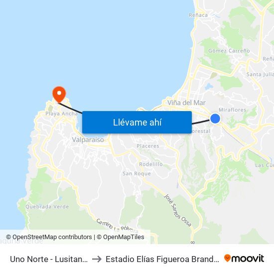Uno Norte - Lusitania to Estadio Elías Figueroa Brander map