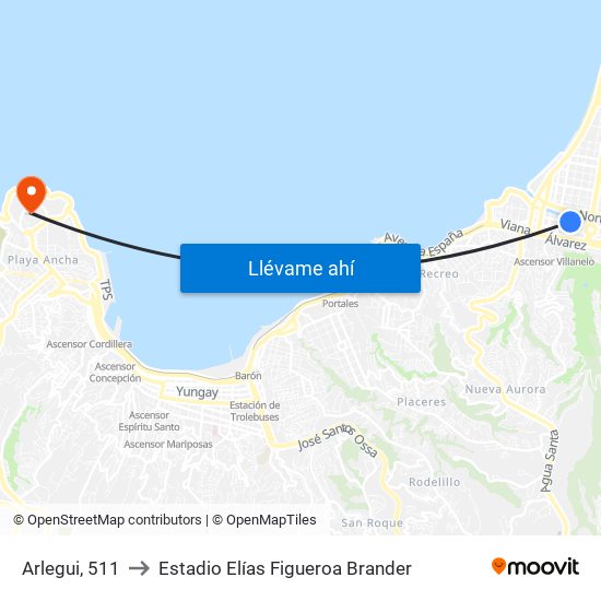 Arlegui, 511 to Estadio Elías Figueroa Brander map