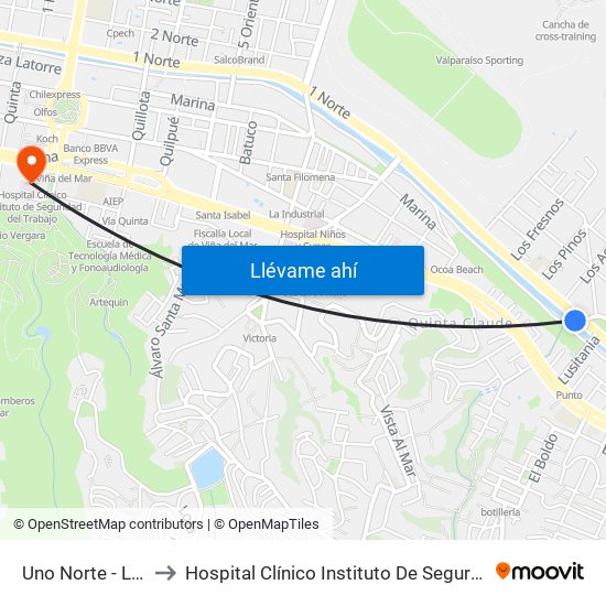 Uno Norte - Lusitania to Hospital Clínico Instituto De Seguridad Del Trabajo map