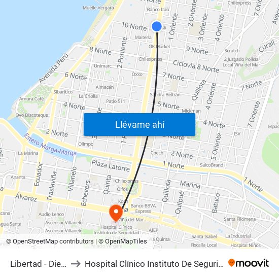 Libertad - Diez Norte to Hospital Clínico Instituto De Seguridad Del Trabajo map
