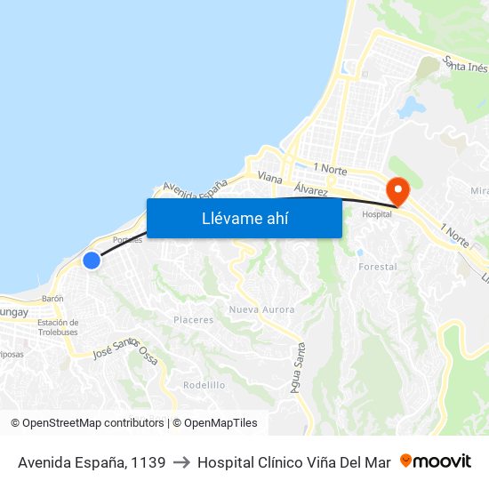 Avenida España, 1139 to Hospital Clínico Viña Del Mar map