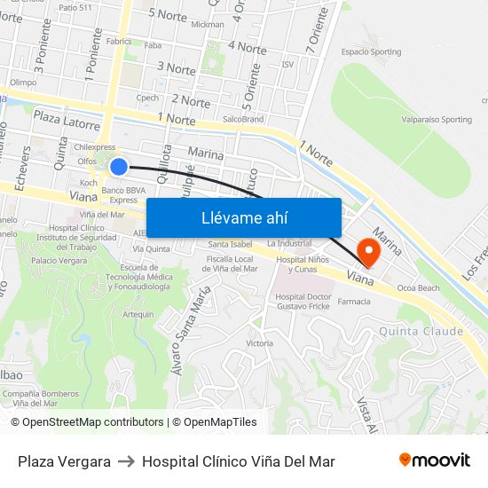 Plaza Vergara to Hospital Clínico Viña Del Mar map