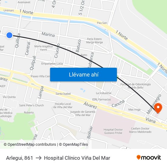 Arlegui, 861 to Hospital Clínico Viña Del Mar map