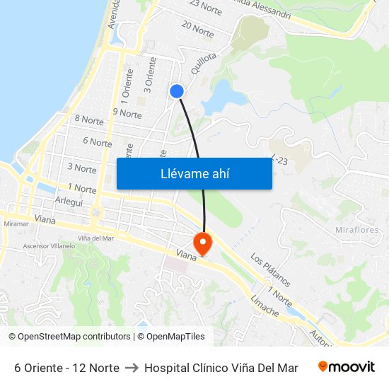 6 Oriente - 12 Norte to Hospital Clínico Viña Del Mar map