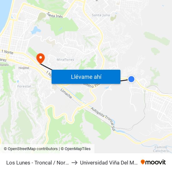 Los Lunes - Troncal / Norte to Universidad Viña Del Mar map