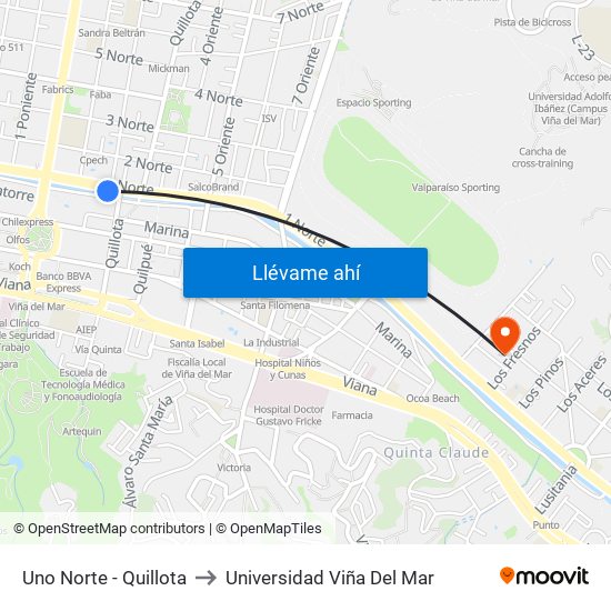 Uno Norte - Quillota to Universidad Viña Del Mar map