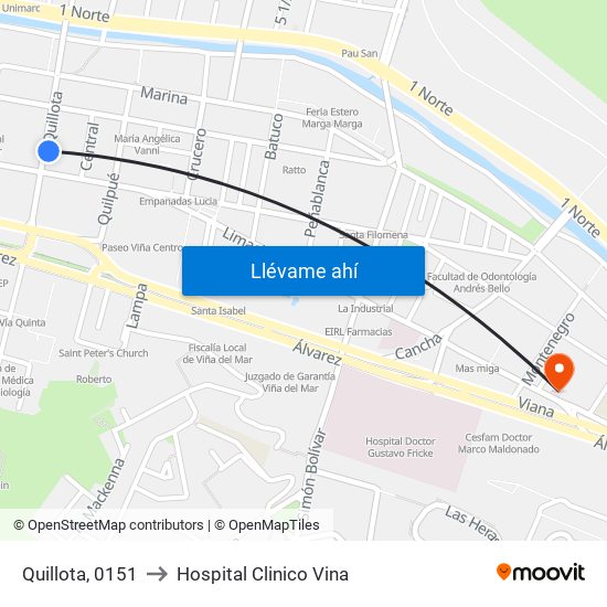 Quillota, 0151 to Hospital Clinico Vina map