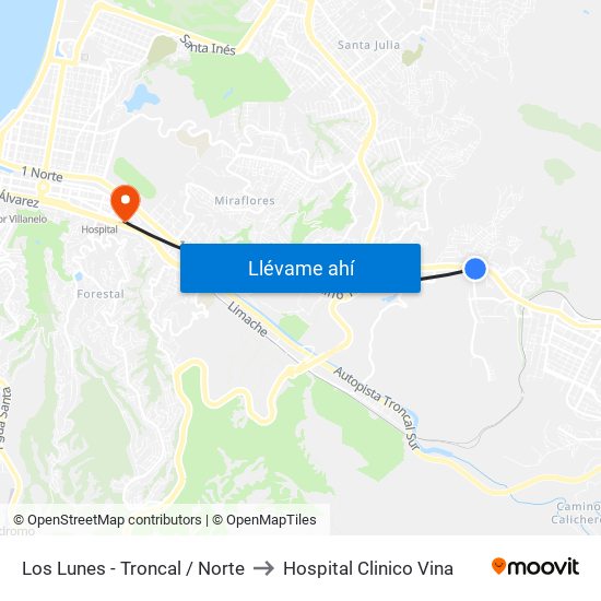 Los Lunes - Troncal / Norte to Hospital Clinico Vina map