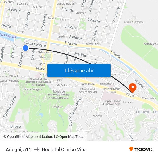 Arlegui, 511 to Hospital Clinico Vina map