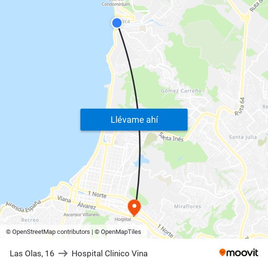 Las Olas, 16 to Hospital Clinico Vina map