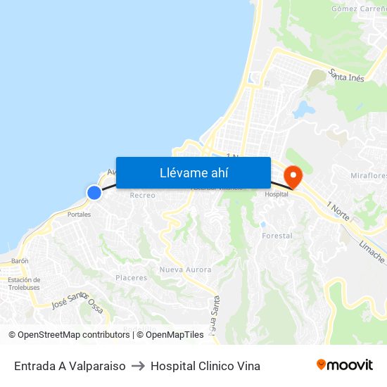 Entrada A Valparaiso to Hospital Clinico Vina map