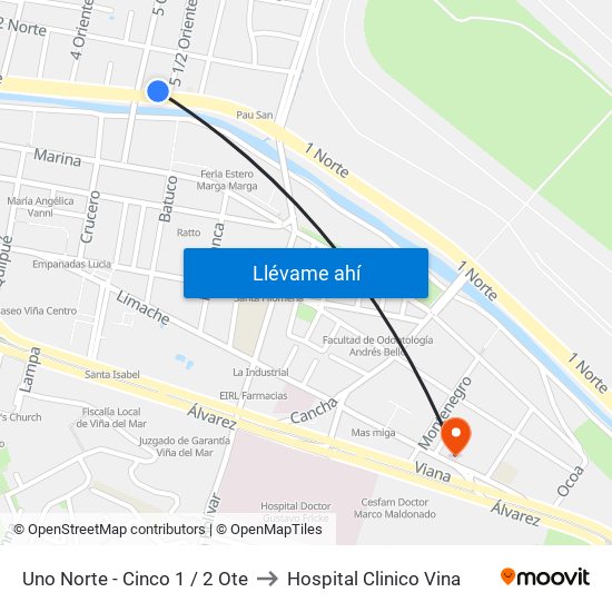 Uno Norte - Cinco 1 / 2 Ote to Hospital Clinico Vina map