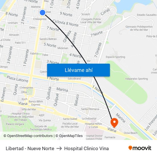 Libertad - Nueve Norte to Hospital Clinico Vina map