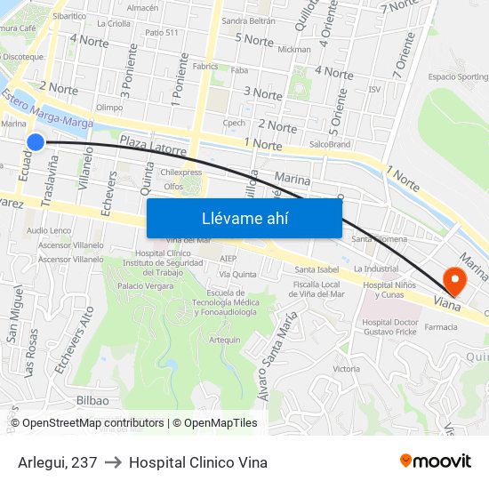 Arlegui, 237 to Hospital Clinico Vina map