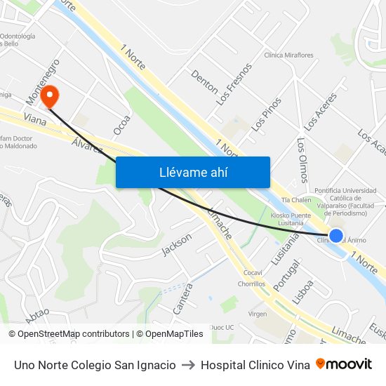 Uno Norte Colegio San Ignacio to Hospital Clinico Vina map