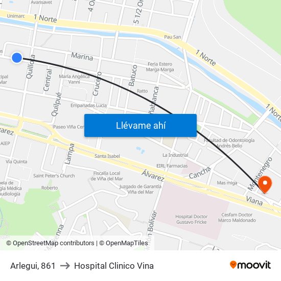 Arlegui, 861 to Hospital Clinico Vina map