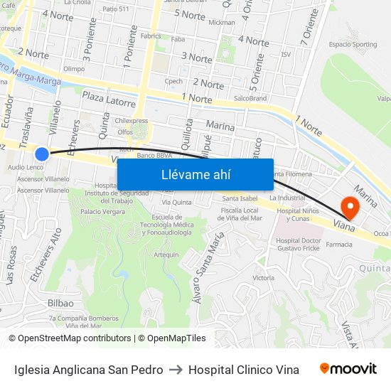 Iglesia Anglicana San Pedro to Hospital Clinico Vina map