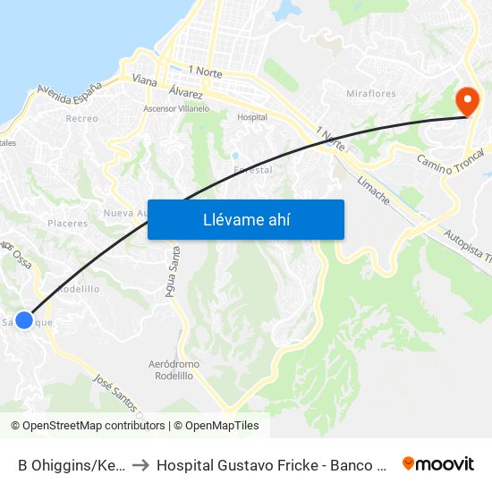 B Ohiggins/Kenrick to Hospital Gustavo Fricke - Banco De Sangre map