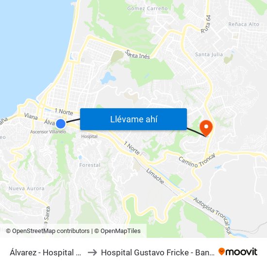 Álvarez - Hospital Clinico Ist to Hospital Gustavo Fricke - Banco De Sangre map