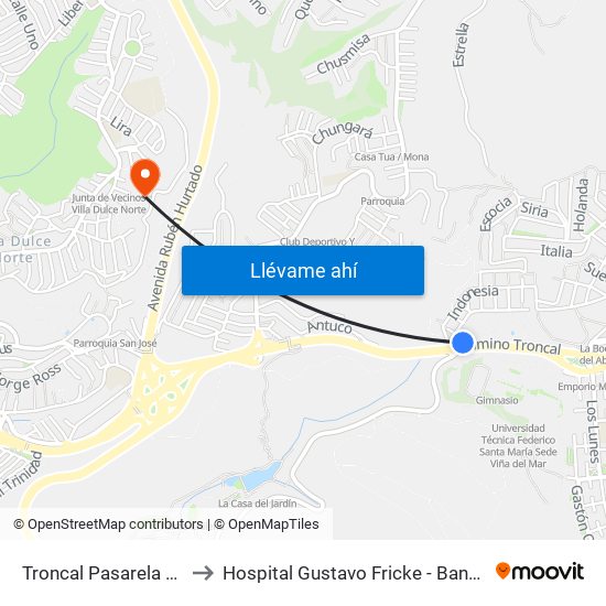 Troncal Pasarela 4 / Norte to Hospital Gustavo Fricke - Banco De Sangre map