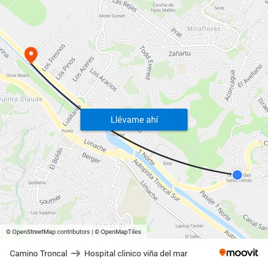 Camino Troncal to Hospital clinico viña del mar map