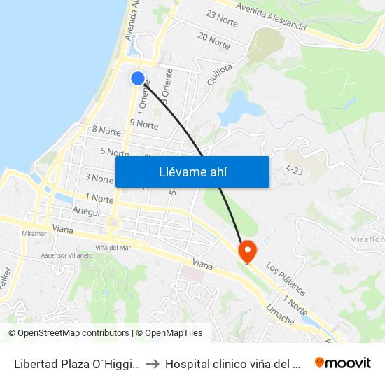 Libertad Plaza O´Higgins to Hospital clinico viña del mar map