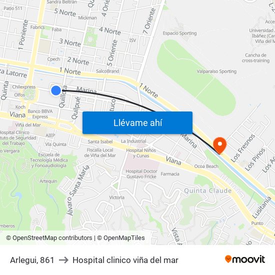 Arlegui, 861 to Hospital clinico viña del mar map