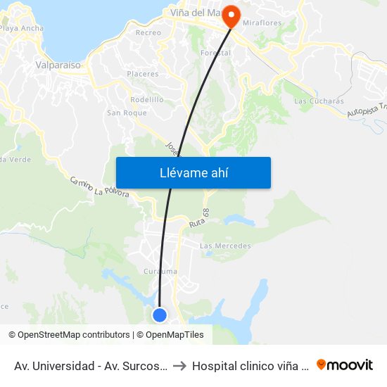 Av. Universidad - Av. Surcos De Agua to Hospital clinico viña del mar map