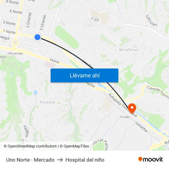 Uno Norte - Mercado to Hospital del niño map