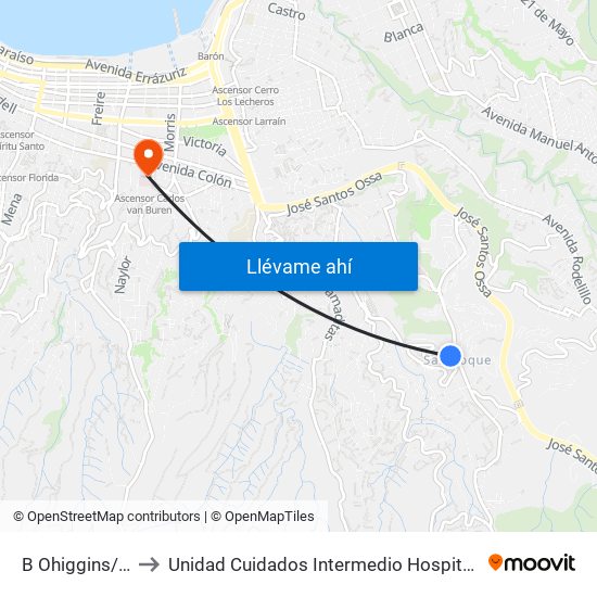 B Ohiggins/Kenrick to Unidad Cuidados Intermedio Hospital Carlos Van Buren map