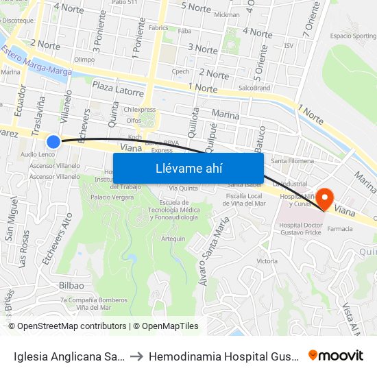 Iglesia Anglicana San Pedro to Hemodinamia Hospital Gustavo Fricke map