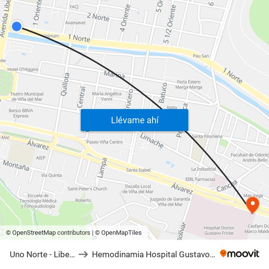 Uno Norte - Libertad to Hemodinamia Hospital Gustavo Fricke map