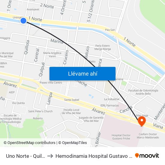 Uno Norte - Quillota to Hemodinamia Hospital Gustavo Fricke map