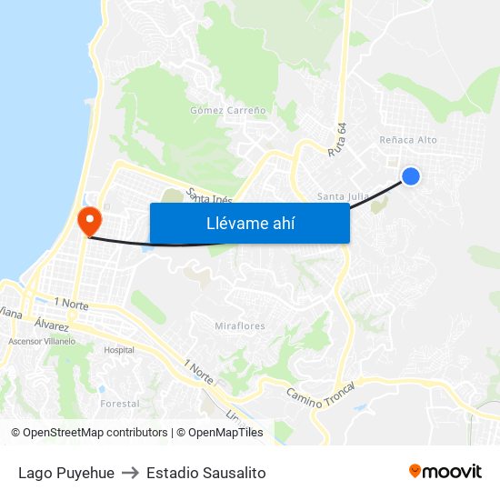 Lago Puyehue to Estadio Sausalito map