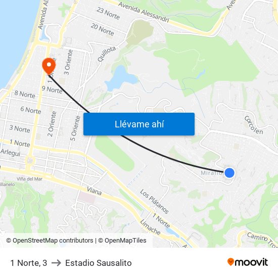 1 Norte, 3 to Estadio Sausalito map