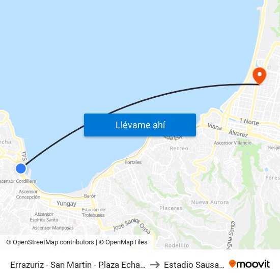 Errazuriz - San Martin - Plaza Echaurren to Estadio Sausalito map