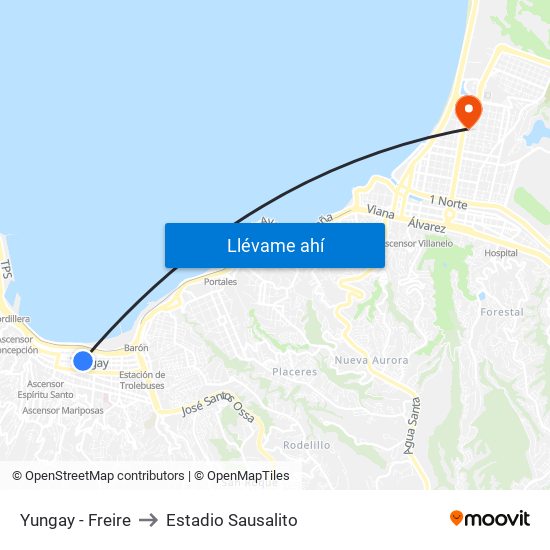 Yungay - Freire to Estadio Sausalito map