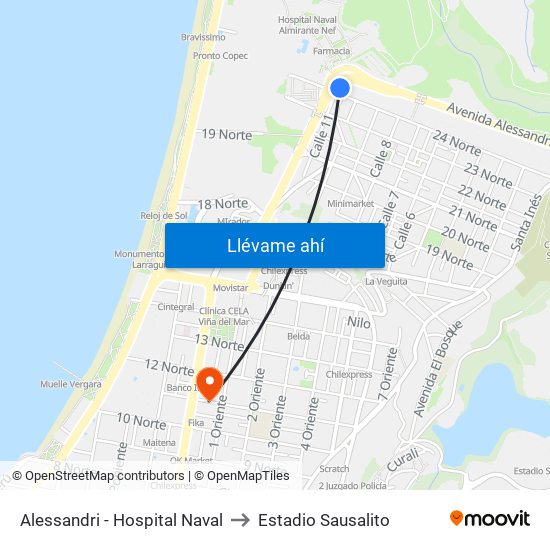 Alessandri - Hospital Naval to Estadio Sausalito map