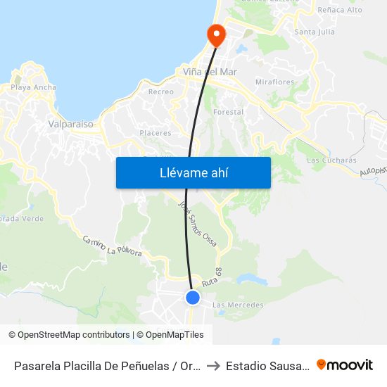 Pasarela Placilla De Peñuelas / Oriente to Estadio Sausalito map