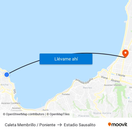 Caleta Membrillo / Poniente to Estadio Sausalito map