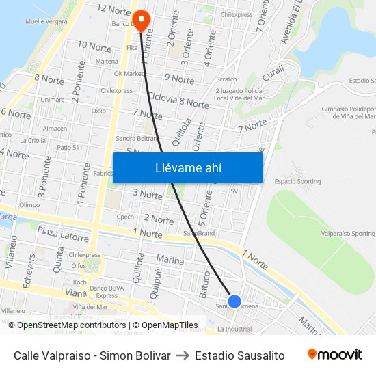 Calle Valpraiso - Simon Bolivar to Estadio Sausalito map