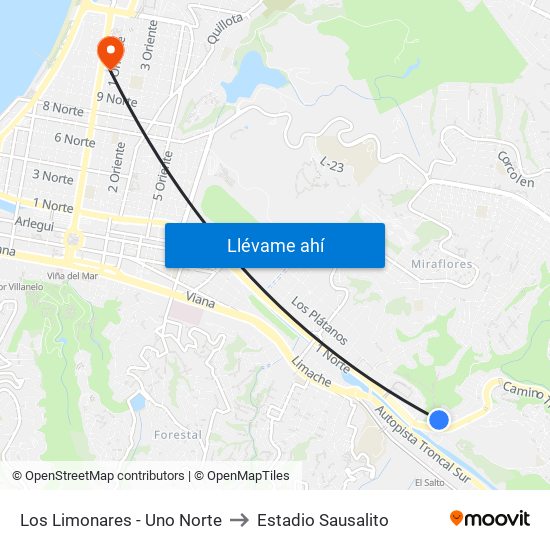 Los Limonares - Uno Norte to Estadio Sausalito map