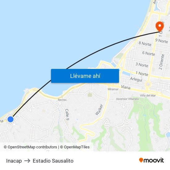 Inacap to Estadio Sausalito map