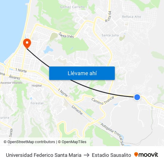 Universidad Federico Santa Maria to Estadio Sausalito map