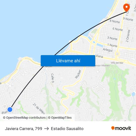 Javiera Carrera, 799 to Estadio Sausalito map