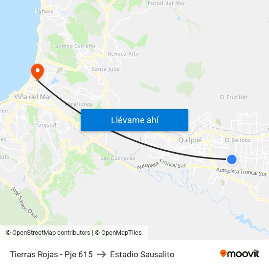 Tierras Rojas - Pje 615 to Estadio Sausalito map