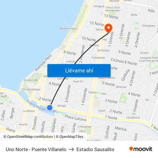 Uno Norte - Puente Villanelo to Estadio Sausalito map