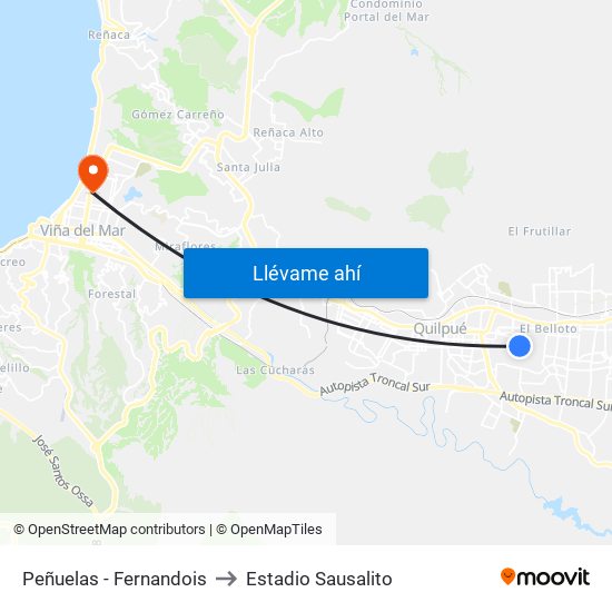 Peñuelas - Fernandois to Estadio Sausalito map