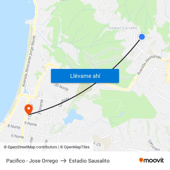 Pacifico - Jose Orrego to Estadio Sausalito map